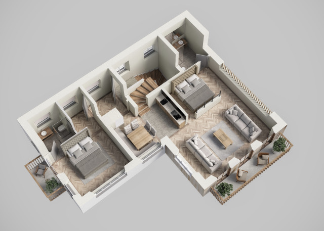 Das Flachshaus Ferienhaus - Übersichtlicher 3D-Grundriss Obergeschoss des Ferienhauses Das Flachshaus- Boutique Apartments (Photo 55)