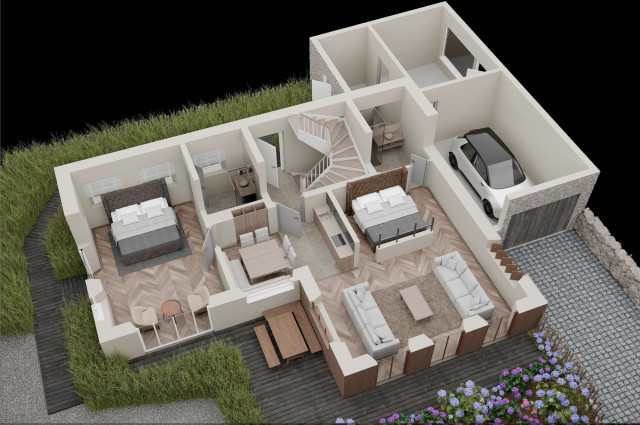 Das Flachshaus Ferienhaus - Übersichtlicher 3D-Grundrersichtlicher 3D-Grundriss des Obergeschosses im Ferienhaus Das Panoramaverglasung mit Lamellen und Eiche-Fischgrätparkett (Photo 9)